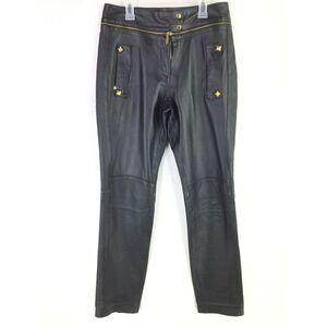 Lilly Sarti Lambskin Leather Moto Pants Size 40 Black Gold Designer Brazil